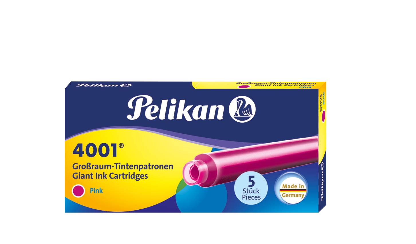Pelikan 4001 Riesenformat rosa Tintenpatronen Box mit 5 Stück und 'Made in Germany'.