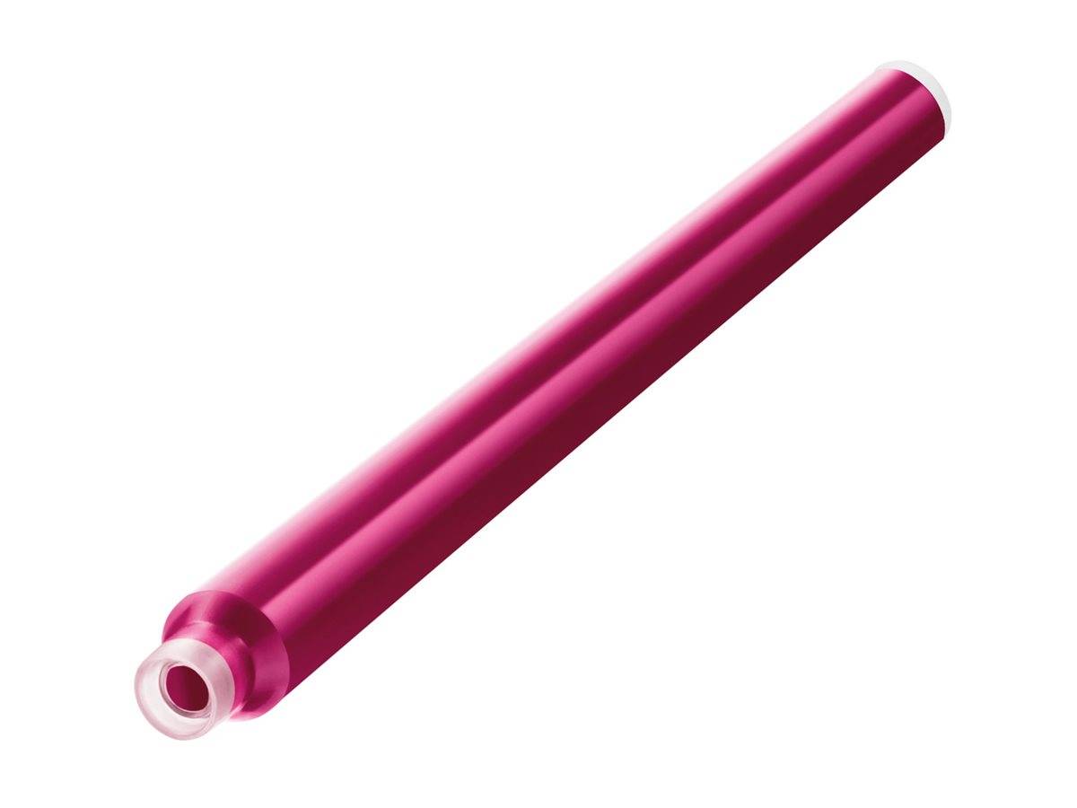 Rosa zylindrische Kosmetiktube oder Applikator auf weißem Hintergrund, diagonal dargestellt mit abgenommener Kappe, die die offene Spitze offenbart.