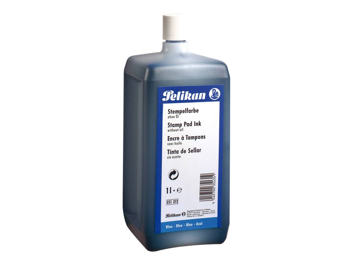 Eine Flasche Pelikan-Stempelkissenstempelfarbe in Blau mit weißem Deckel und Produktetikett.