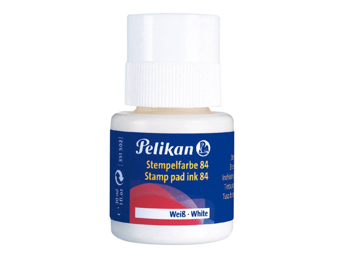 Pelikan Stempelfarbe 84 Stempelkissen-Tintenflasche, weiß, mit weißem Verschluss und blauem Etikett.
