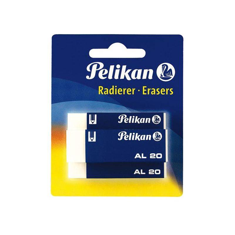Pelikan AL 20 Radiergummis in einer blau-gelben Verkaufsverpackung, beschriftet mit „Radierer · Erasers