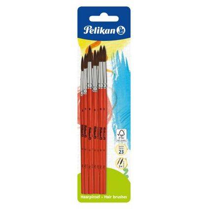 Packung mit Pelikan-Haarbürsten mit roten Griffen und braunen Borsten, beschriftet mit „Haarpinsel - Hair brushes