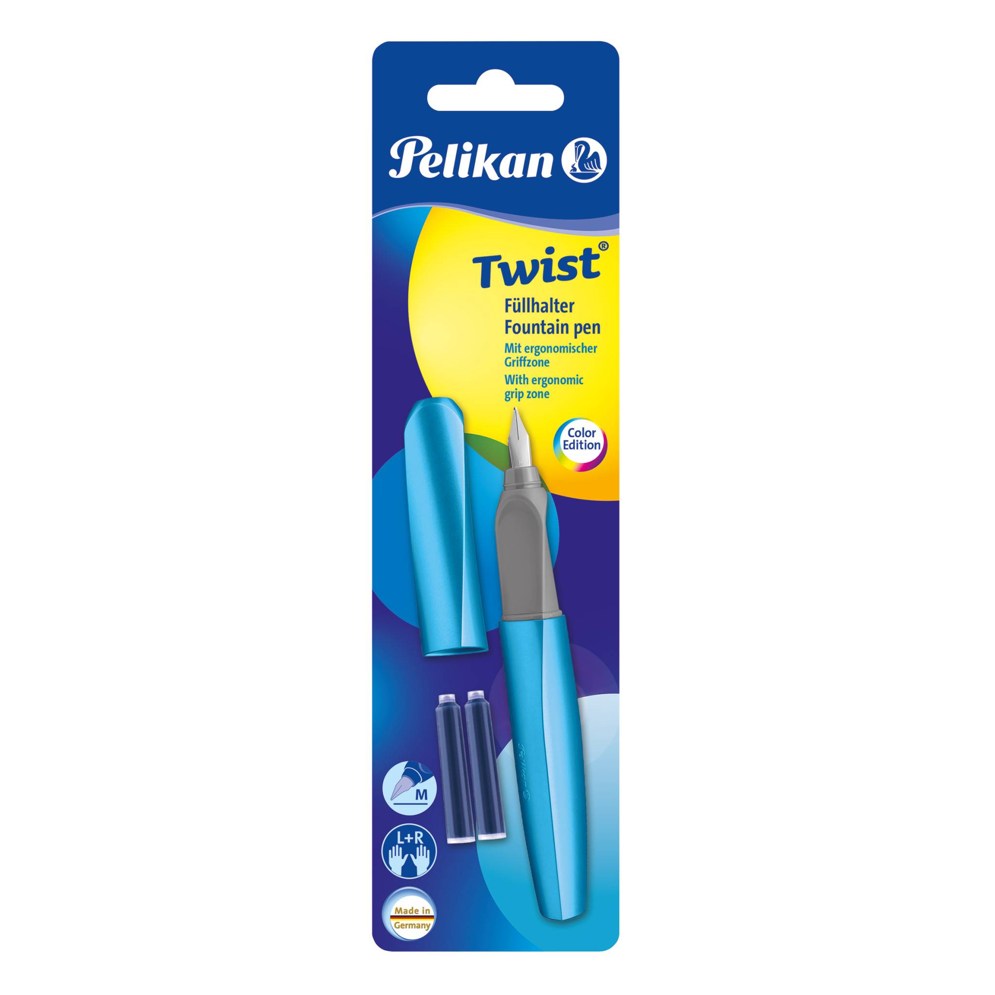 Pelikan vulpen Twist, lichtblauw, Blau, Kartuschenfüllsystem, Blau, Stahl, Medium, Beidhändig