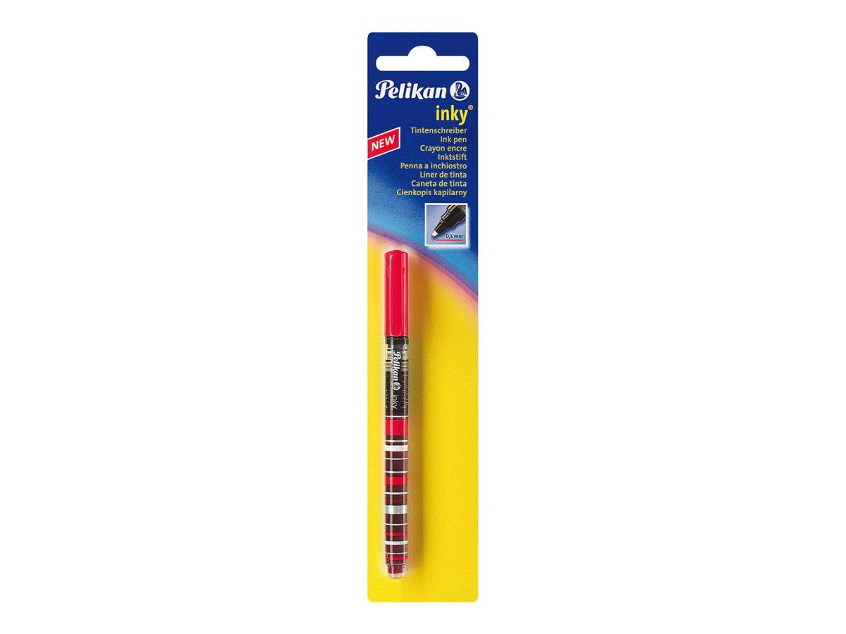 Packung mit Pelikan-Kugelschreibermine mit roter Kappe auf blau-gelbem Hintergrund, gezeigt in Einzelhandels-Blisterverpackung.