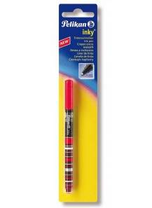 Paket mit Pelikan Tintenstift in Rot-Schwarz gestreift in Blau-Gelb Blisterverpackung mit einem "NEU""-Etikett und Federspitzenabbildung.