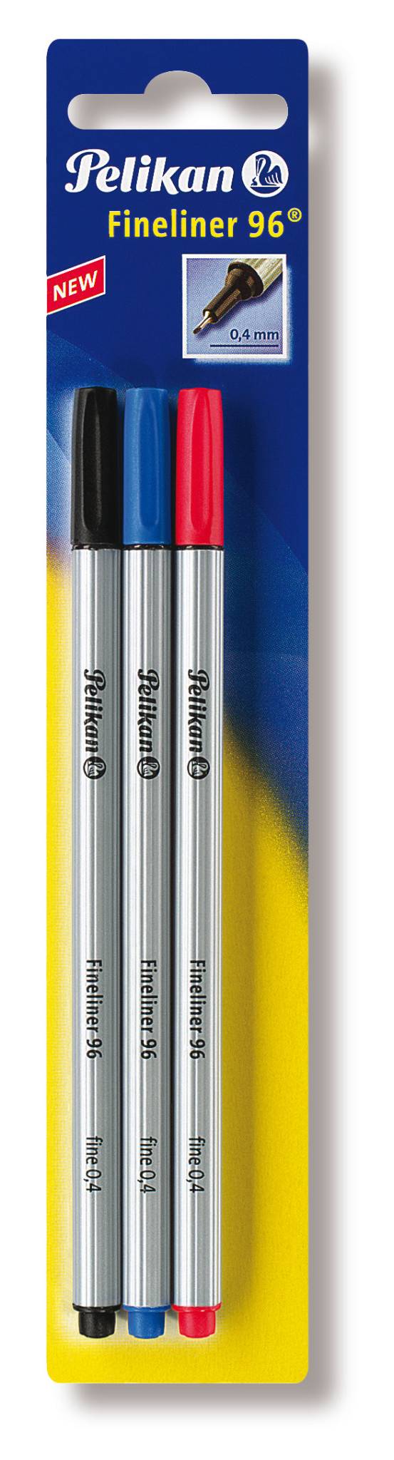 Pelikan Fineliner 96, Schwarz, Blau, Rot, Fein, 0,4 mm, Deutschland, Sichtverpackung, 3 Stück(e)