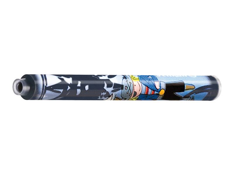 Ein dekorierter zylindrischer Stift oder Marker mit einem Comic-Superhelden-Design auf weißem Hintergrund.
