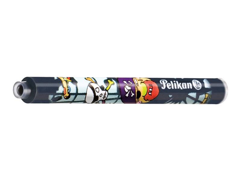 Pelikan-Stift mit buntem Zeichentrickfiguren-Druck auf dem Schaft, horizontal auf weißem Hintergrund dargestellt.