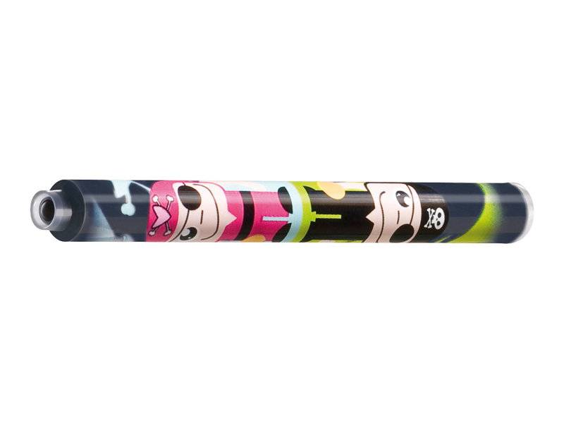 Bunter zylindrischer Vape-Stift mit Cartoon-Schädel und Charaktergrafiken auf weißem Hintergrund.