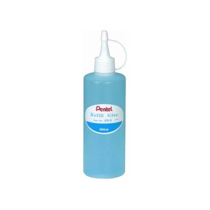 Blaue Pentel-Nachfüllflasche mit Klebstoff, weißem Düsenkopf und 300-ml-Etikett auf weißem Hintergrund