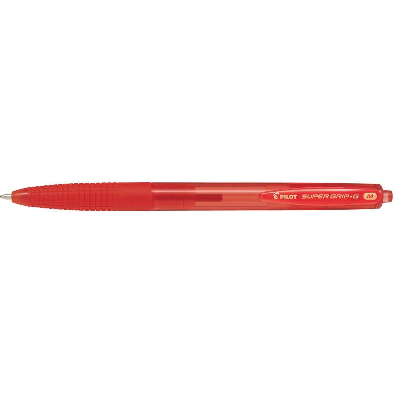 Roter Pilot Super Grip G Kugelschreiber mit einziehbarer Spitze auf weißem Hintergrund.