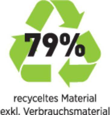 Recycling-Symbol mit „79 %" und dem Text „recyceltes Material"", das angibt, dass 79 % recyceltes Material enthalten sind.