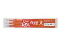 Drei orangefarbene Pilot FriXion Tintenroller mit Radierfunktion in durchsichtiger Verpackung auf weißem Hintergrund.