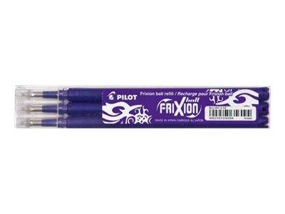 Dreierpack violette Pilot FriXion Kugelschreiber aus Gel in einem durchsichtigen Kunststoffetui.