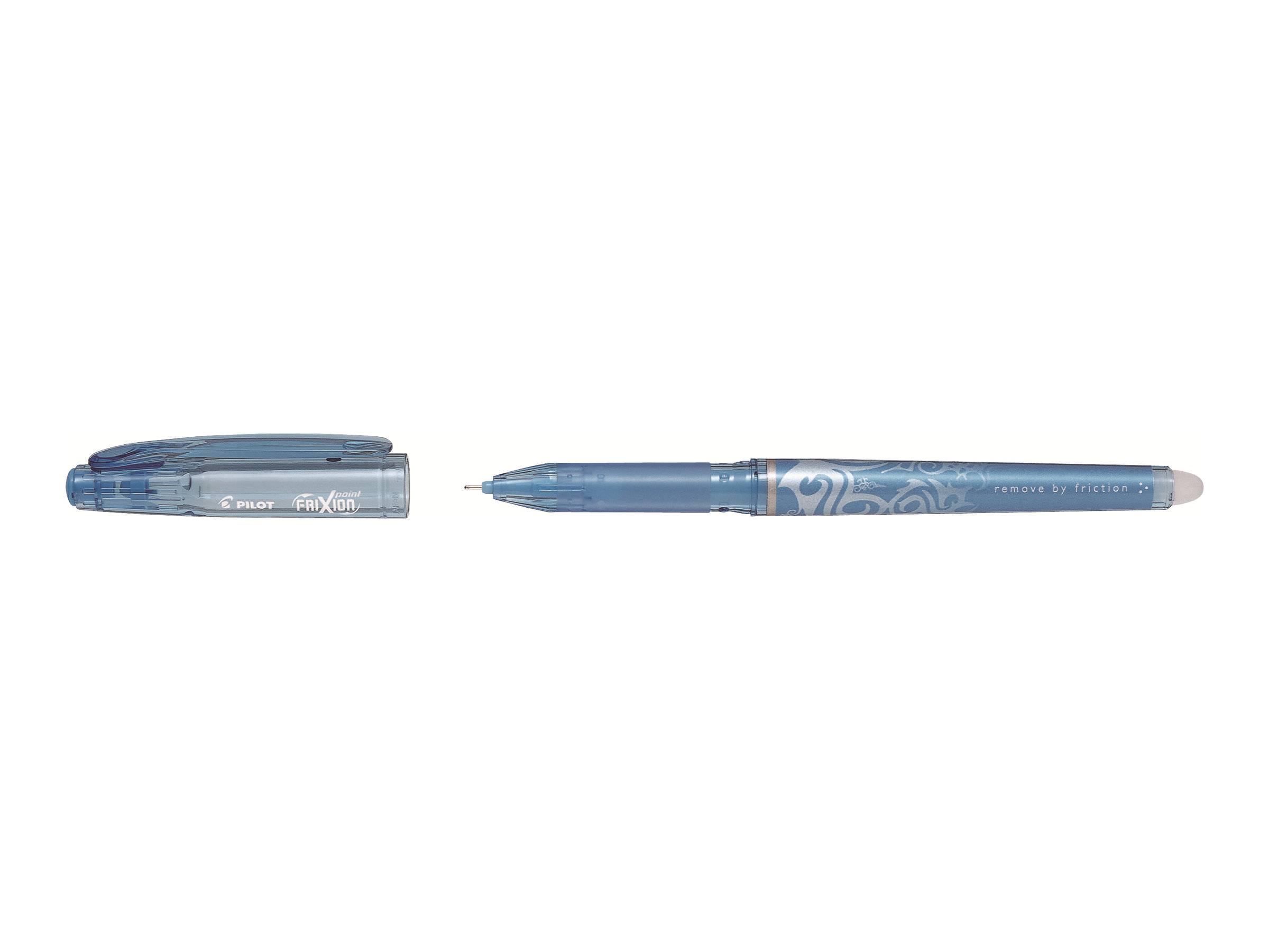 Blauer Korrekturroller-Stift geschlossen und ausgezogen dargestellt, mit der Kappe neben dem langen Applikator auf weißem Hintergrund.