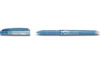 Blauer Kugelschreiber mit Einziehfunktion in Seitenansicht, mit Kappe auf der linken Seite und ausgefahrenem Stift auf der rechten Seite.