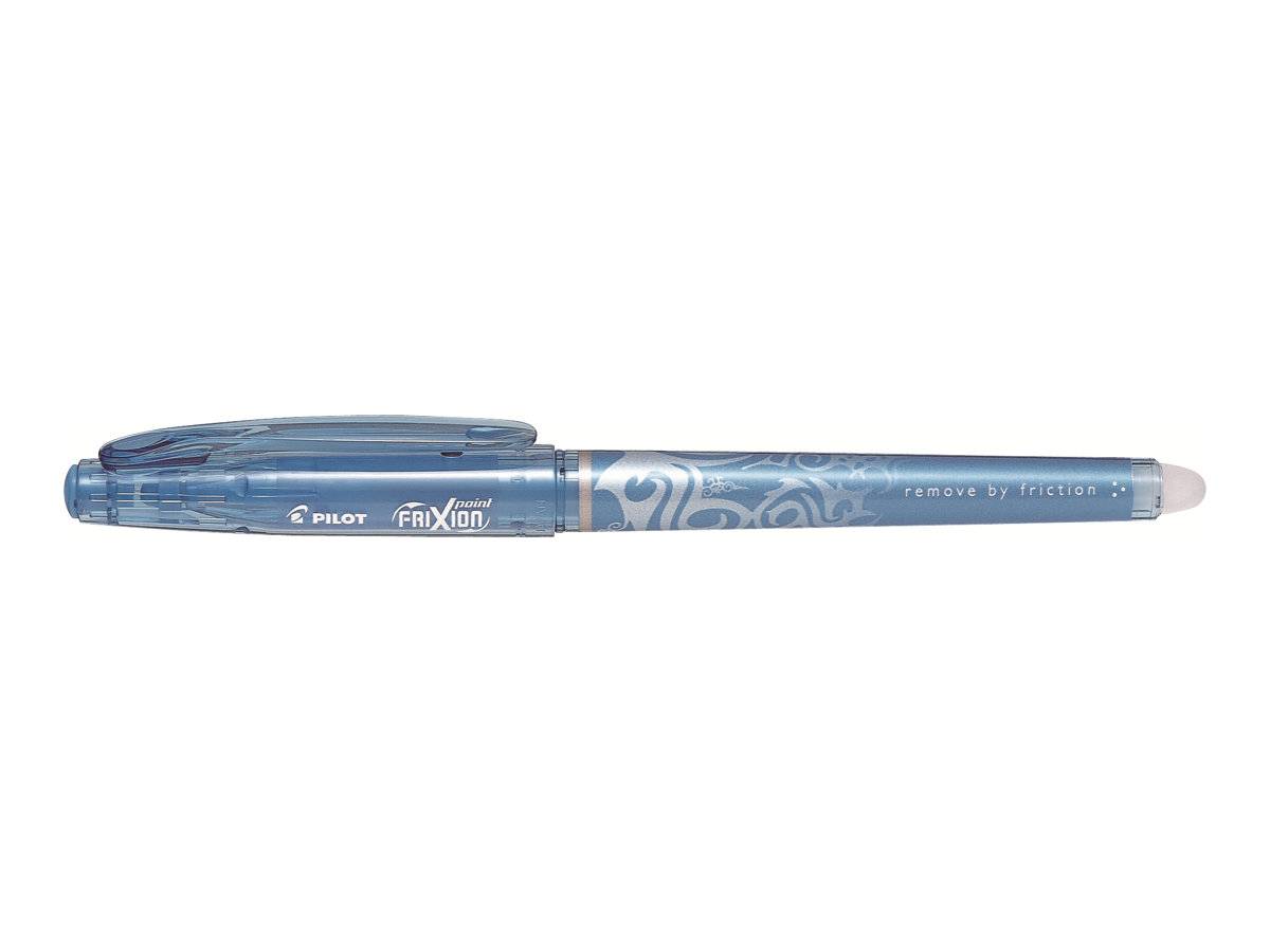 Blauer Pilot FriXion Radiergel-Stift horizontal auf weißem Hintergrund gezeigt, mit Kappe auf der linken Seite und Radiergummispitze auf der rechten Seite.