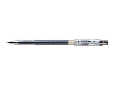 Silberner Pilot G-Tec-C4 Gelstift auf weißem Hintergrund, horizontal angeordnet mit der Spitze auf der linken Seite und sichtbarem Branding in der Nähe der Kappe.