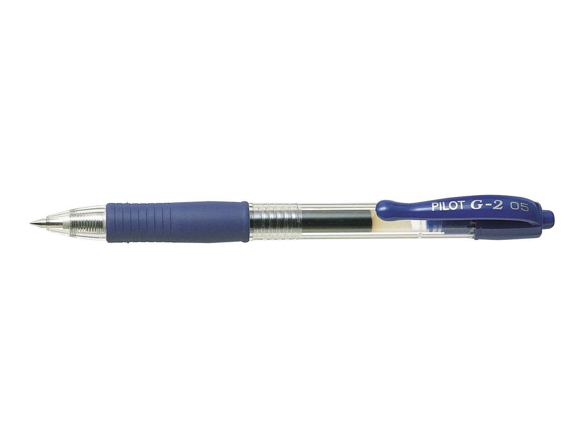 Blauer Pilot G-2 05 Kugelschreiber mit Gel-Tinte, Ausführung mit Druckknopf, horizontal auf weißem Hintergrund dargestellt.