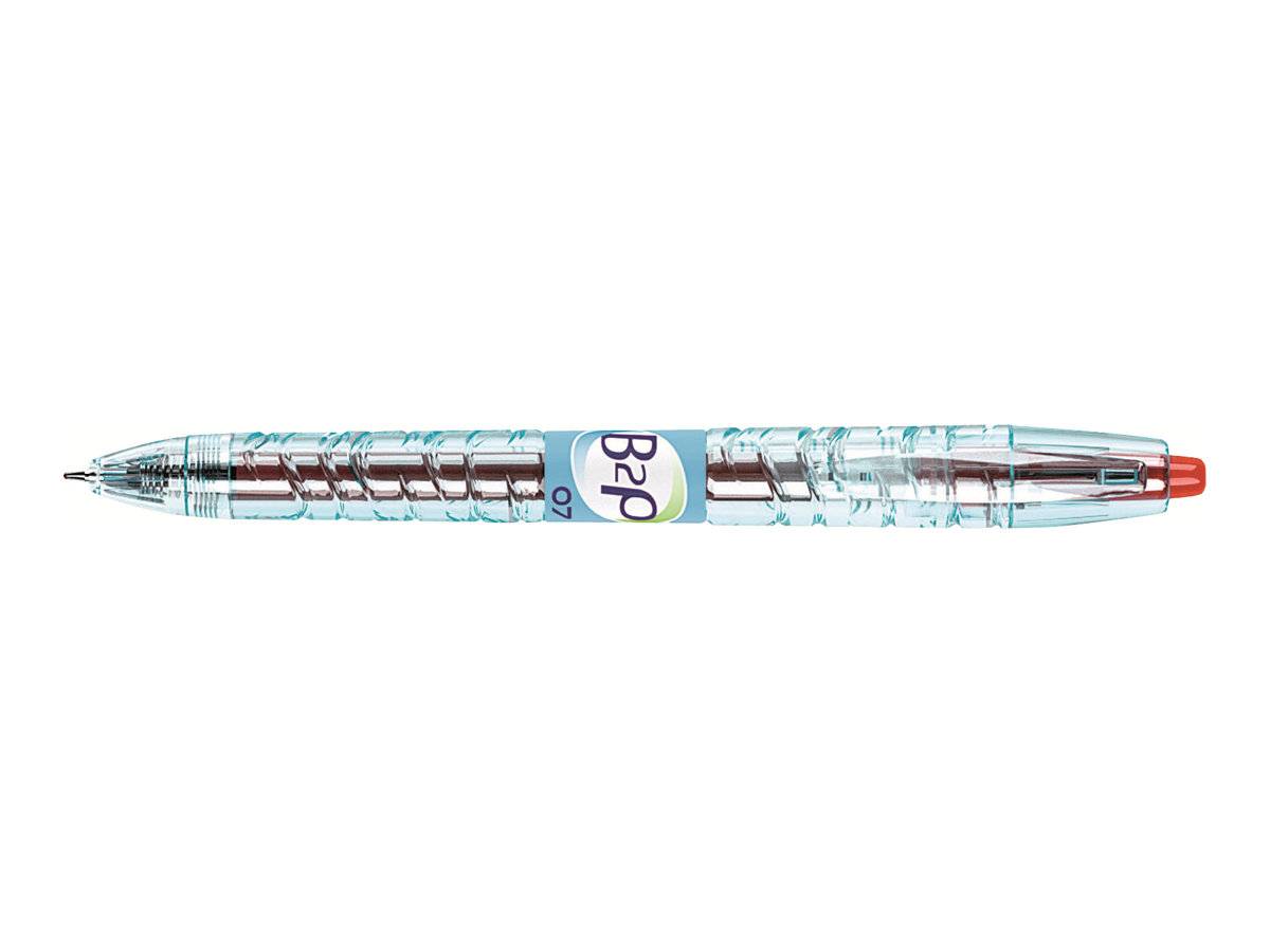 Durchsichtige Kugelschreiber mit ausfahrbarem Mechanismus, transparenter hellblauer Körper und roter Spitze, horizontal auf weißem Hintergrund dargestellt.