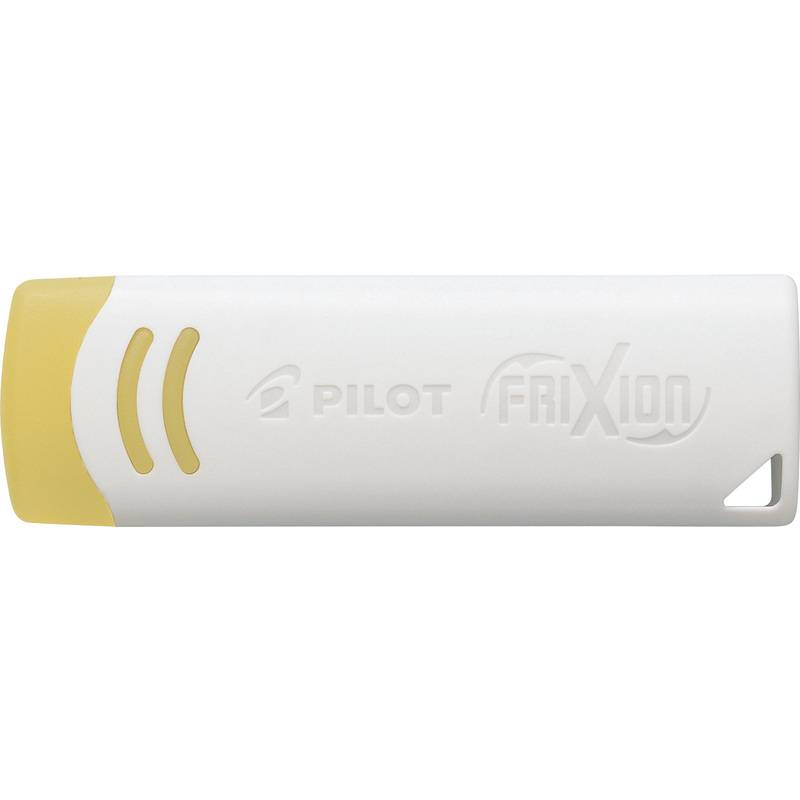 Weißer und gelber Pilot FriXion Radierstift mit geformtem Griff und Logo auf einfachem Hintergrund.