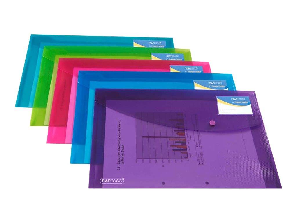 Rapesco Dokumenttasche - für A4 Plus - Kapazität: 50 Blätter - farbig sortiert (Packung mit 5)