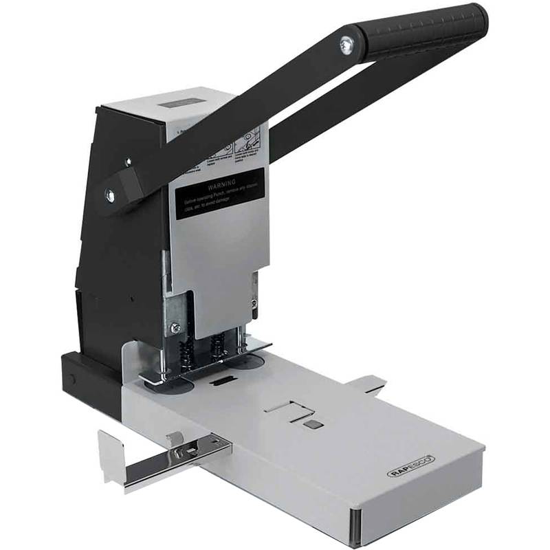 Großer, schwarzer und silberner Schwerlast-Hefter mit Hebelgriff, entwickelt zum Heften dicker Papierstapel.