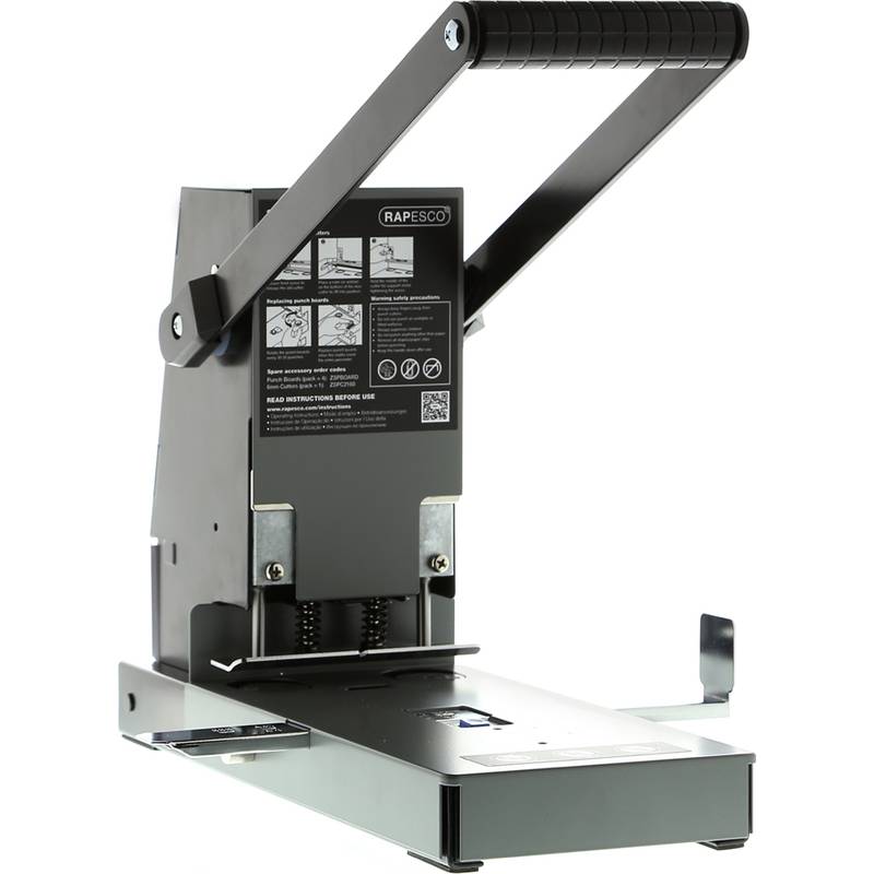 Eine robuste, schwarze Metallheftmaschine mit langem Hebel, die zum Zusammenheften zahlreicher Papierblätter konzipiert ist. Die Frontplatte zeigt Bedienungsanleitung.