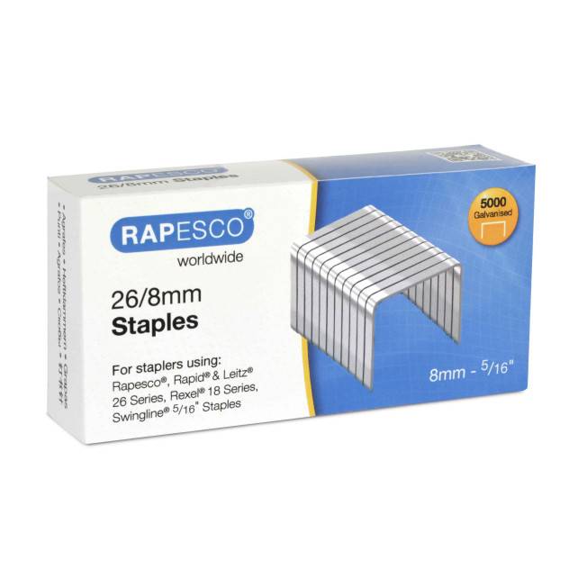 Packung Rapesco 26/8mm Heftklammern mit Bild einer Heftklammer und Bezeichnung „5000 verzinkt