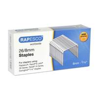 Schachtel mit 26/8mm Heftklammern von Rapesco, kompatibel mit verschiedenen Heftgerätemodellen, mit 5000 Heftklammern, auf weißer Verpackung dargestellt.