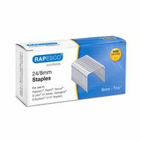 Rapesco 24/8mm Heftklammern Box für Büro-Heftmaschinen, mit einem Foto des Heftklammer-Streifens auf der Verpackung.