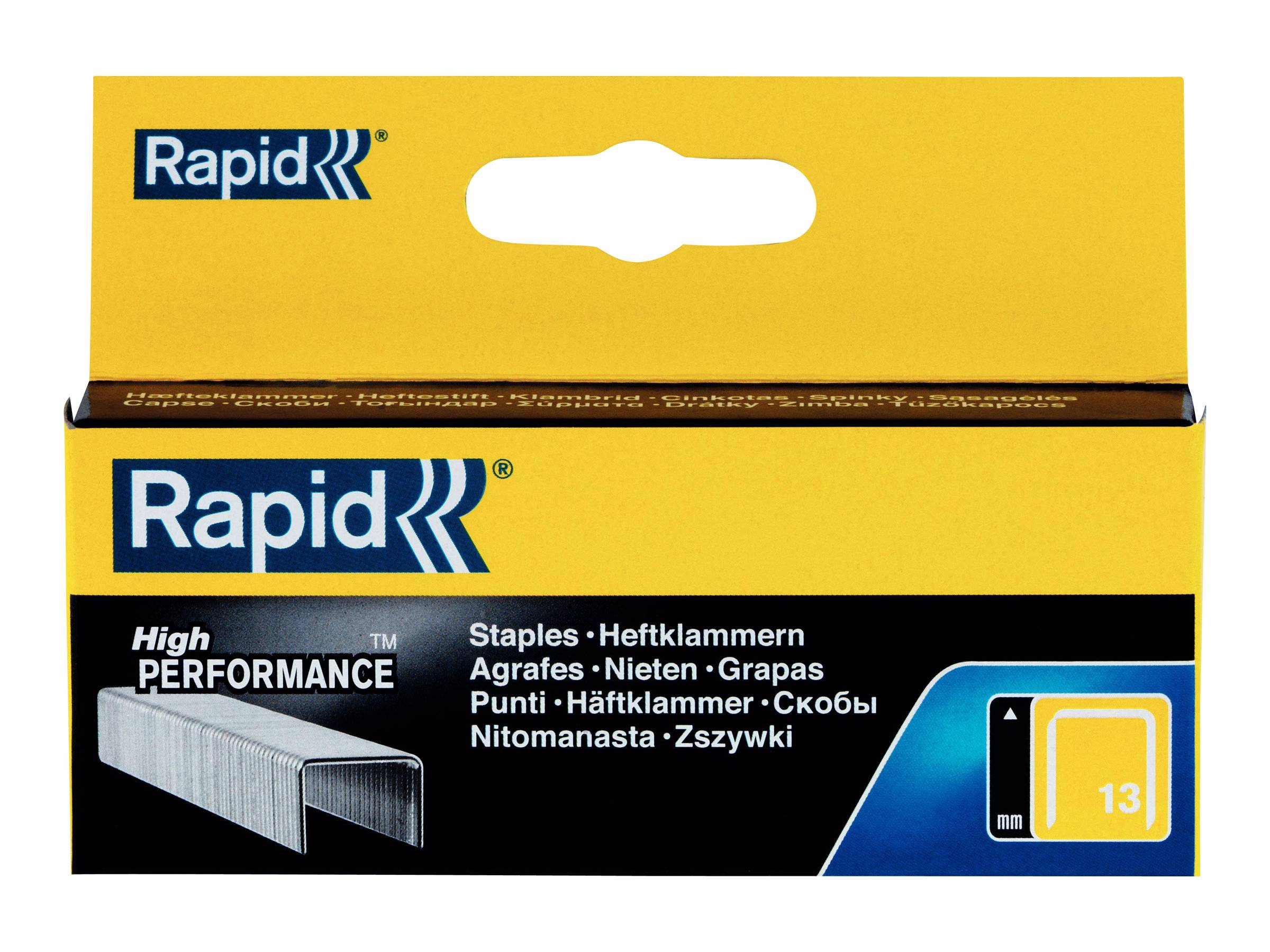 Gelbe Schachtel mit Rapid Hochleistungsheftklammern mit Produktabbildung, mehrsprachigem Etikett und Größenangabe 13 mm auf der Vorderseite.