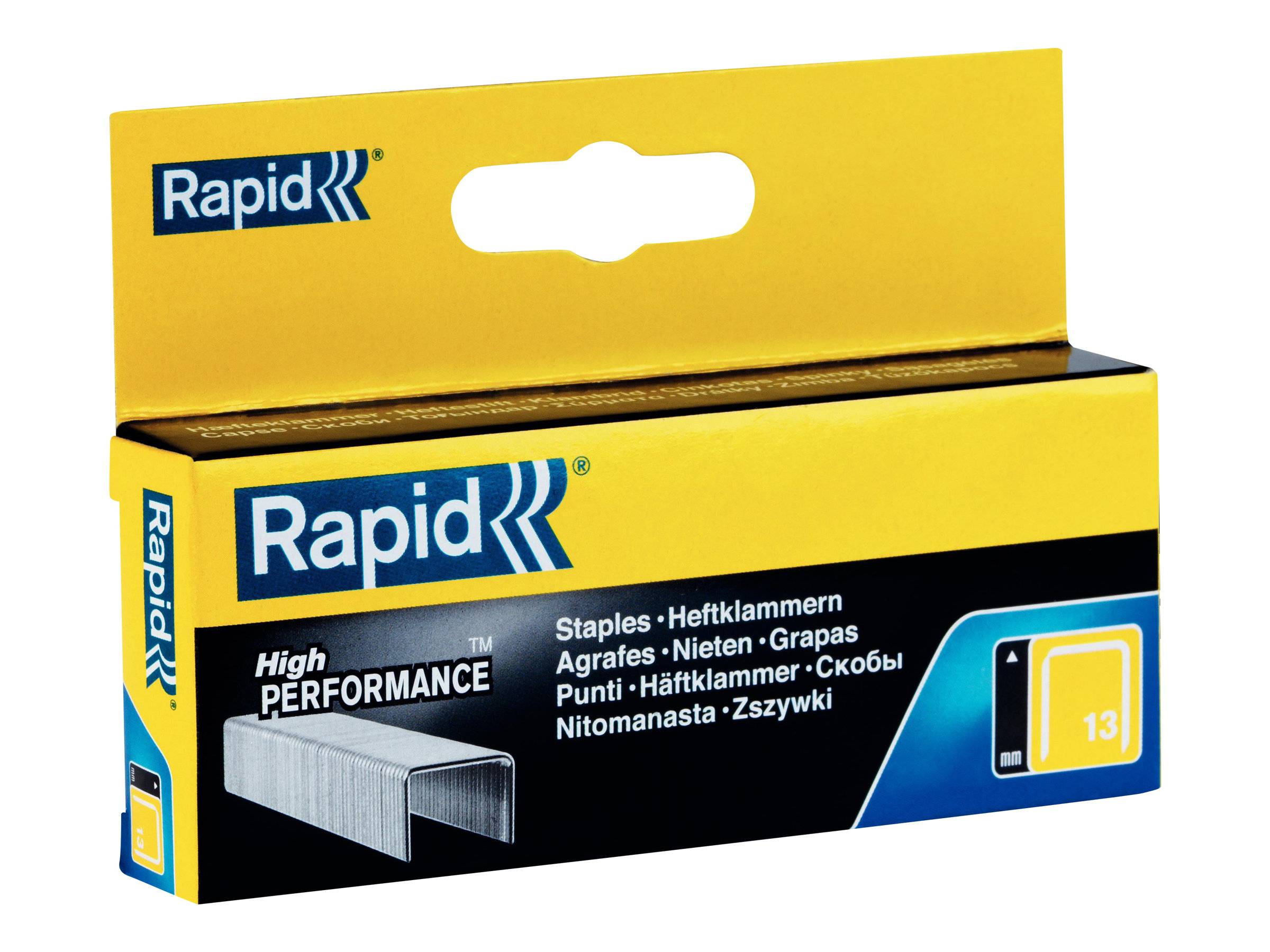 Schnelle Box mit hochleistungs-Heftklammern, gelb-schwarze Verpackung mit Heftklammer-Streifen und mehrsprachiger Produktbeschriftung.