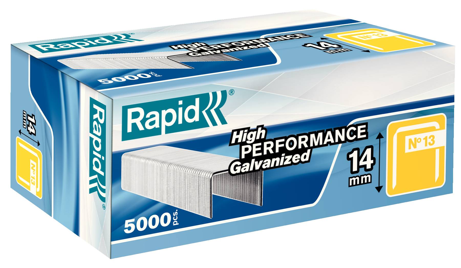 Packung mit Rapid verzinkten Heftklammern, 5000 Stück, Größe 14 mm, in blauer und weißer Verpackung dargestellt.