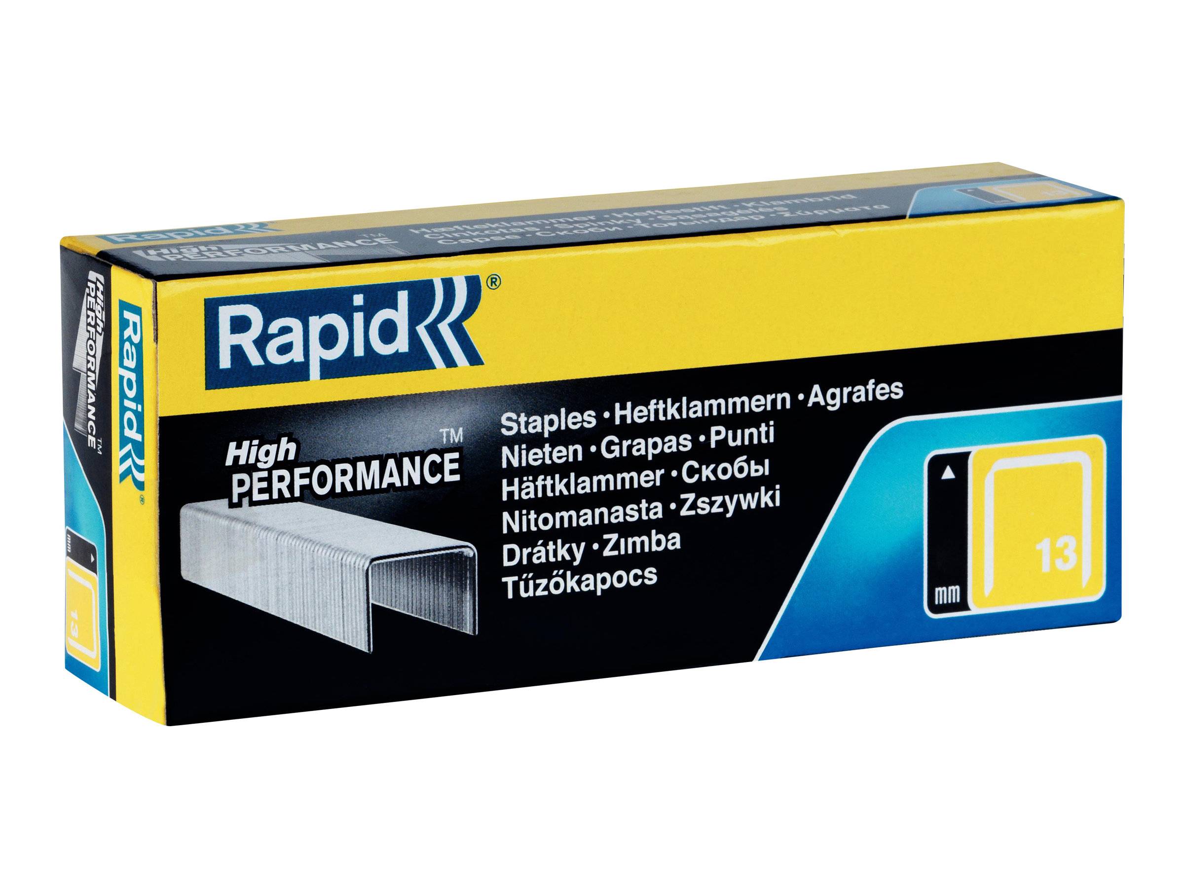 Schachtel mit Rapid Hochleistungsheftklammern, zeigt das Rapid-Logo, eine Heftklammer-Illustration und die Produktgröße 13 auf der Vorderseite.