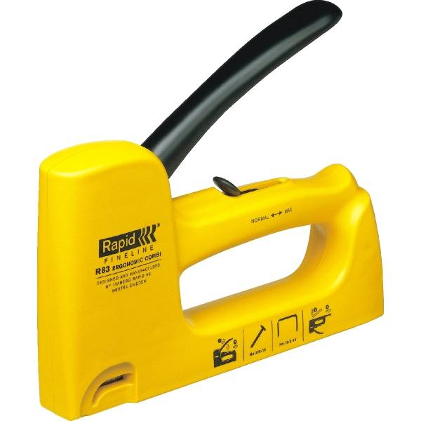 Gelbe Rapid Fine Line R83 ergonomische Kombi-Heftpistole mit schwarzem Griff auf weißem Hintergrund.