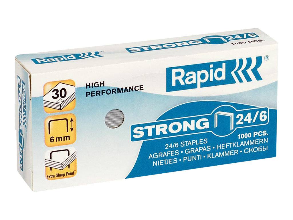 Schachtel Rapid Strong 24/6 Heftklammern, 1000 Stück, mit 6 mm Größe, Hochleistungs- und extra scharfer Spitzenetikett.