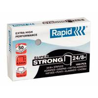 Schachtel Rapid Super Strong 24/8+ Heftklammern, mit Etikett extra hohe Leistung und 1000 Stück, mit Symbolen für 50-Blatt-Kapazität und 8,5 mm Schenkelgröße.