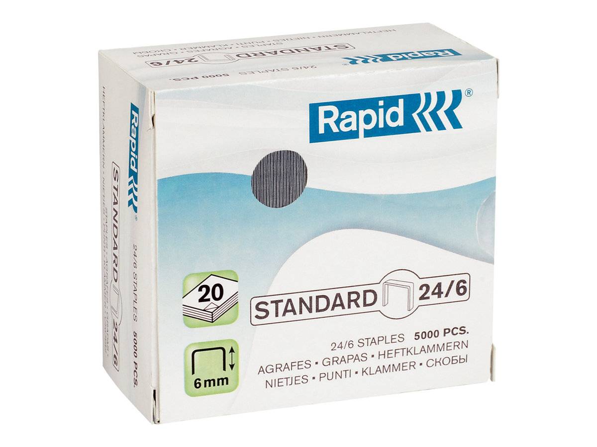 Packung Rapid Standard 24/6 Klammern, 5000 Stück, mit 6 mm Schenkellänge auf der Vorderseite der Verpackung abgebildet.