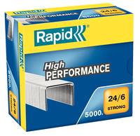 Packung mit Rapid Hochleistungsheftklammern, 5000er Packung, gekennzeichnet als 24/6 stark.
