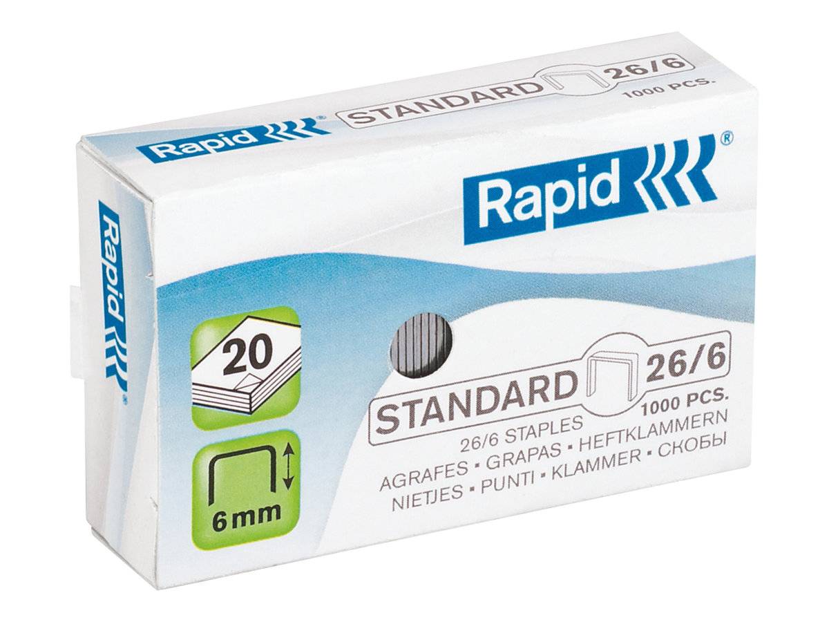 Schachtel Rapid Standard 26/6 Heftklammern, 1000 Stück, mit 6 mm Schenkellänge und 20-Blatt-Kapazität auf der Verpackung angegeben.