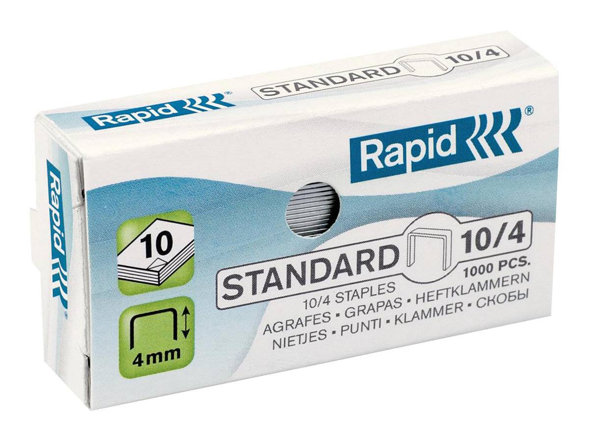 Schachtel Rapid Standardheftklammern, Größe 10/4, 1000 Stück, mit 4 mm Klammerlänge auf der Verpackung angegeben.