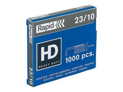 Blaue Schachtel mit Rapid HD Hochleistungs-Heftklammern, Größe 23/10, gekennzeichnet mit 1000 Stück.