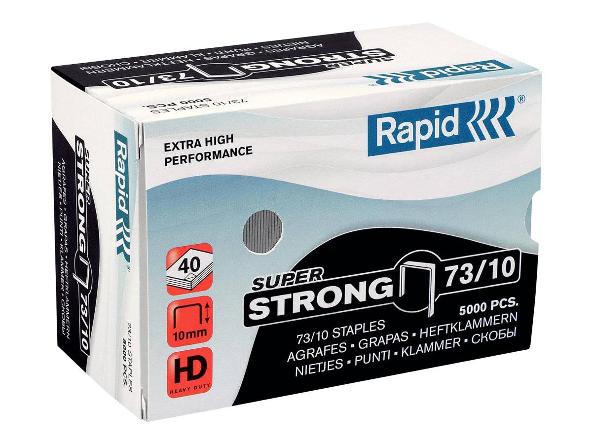 Karton mit Rapid Super Strong 73/10 Hochleistungs-Heftklammern, 5000 Stück, gekennzeichnet als extra hochleistungsfähig und 10 mm.