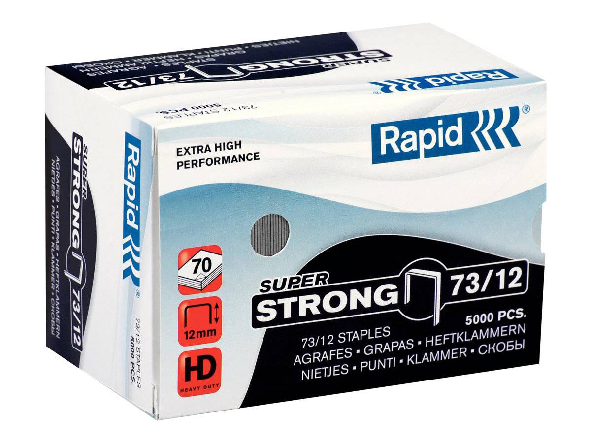 Karton mit Rapid Super Strong 73/12 Hochleistungsheftklammern, 5000 Stück, mit 12 mm Länge und 73/12 Beschriftung auf der Verpackung.