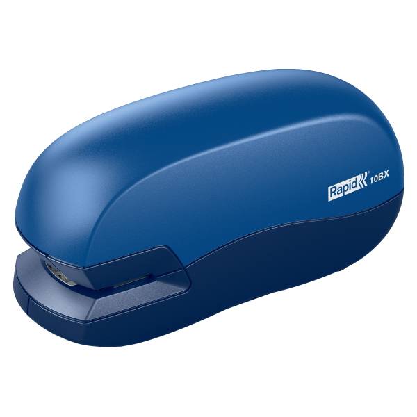 Blauer Rapid 10BX Hefter auf weißem Hintergrund, in der Seitenansicht dargestellt.