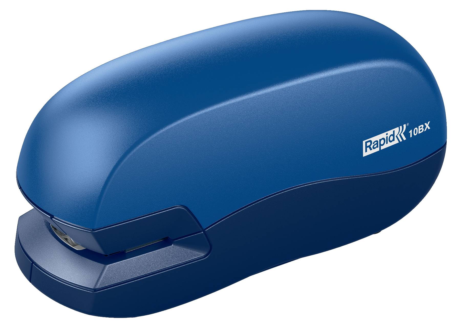 Blue RapidX 10BX Tacker oder Bürolochstanze mit gekrümmter Kunststoffabdeckung, dargestellt in Seitenansicht auf weißem Hintergrund.