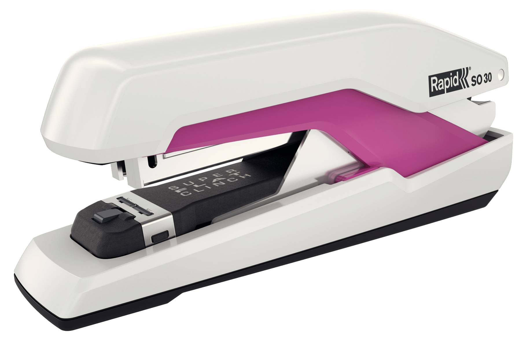 Weißer und rosa Rapid S030 Tacker mit offenem Magazin, dargestellt vor einem schlichten Hintergrund.