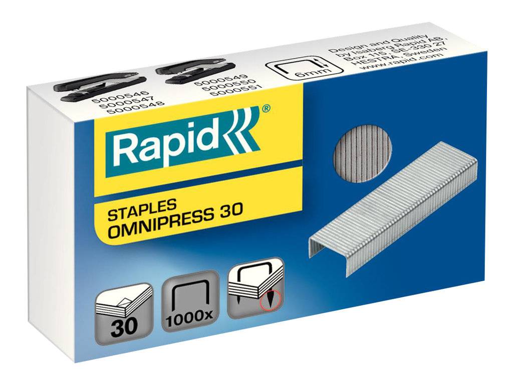 Schachtel mit Rapid Staples Omnipress 30, zeigt eine Heftklammer-Nachfüllpackung für 30-Blatt-Hefter mit 1000 Heftklammern und Produktbranding.