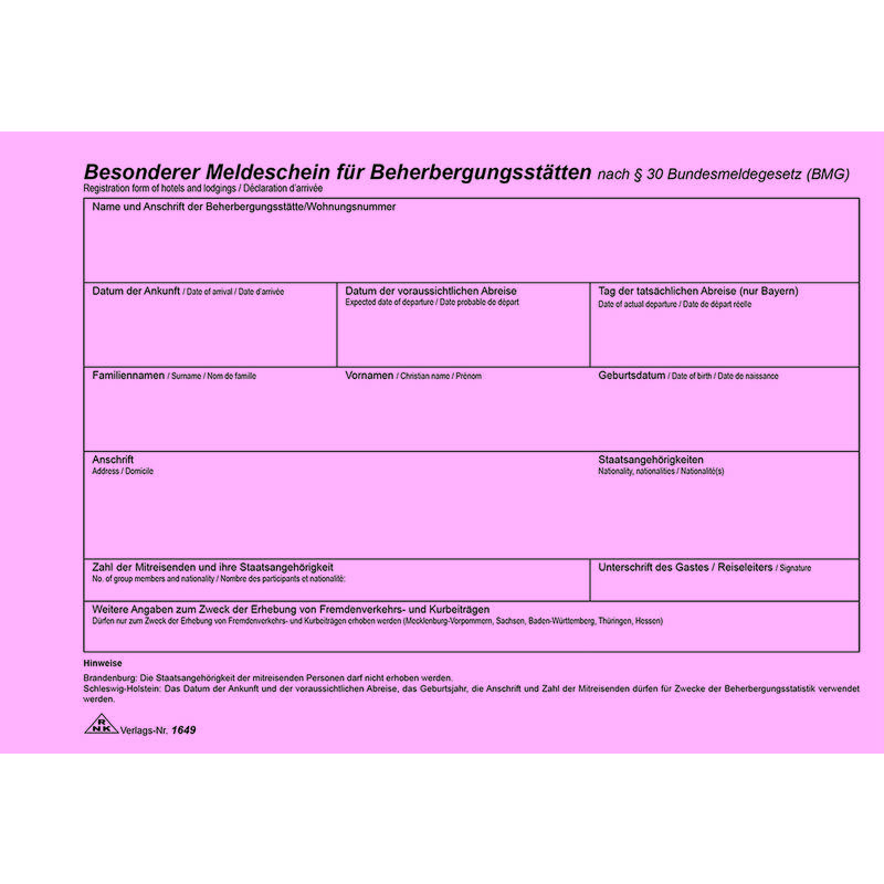 RNK Verlag Meldeschein für Beherbergungsstätten, DIN A5